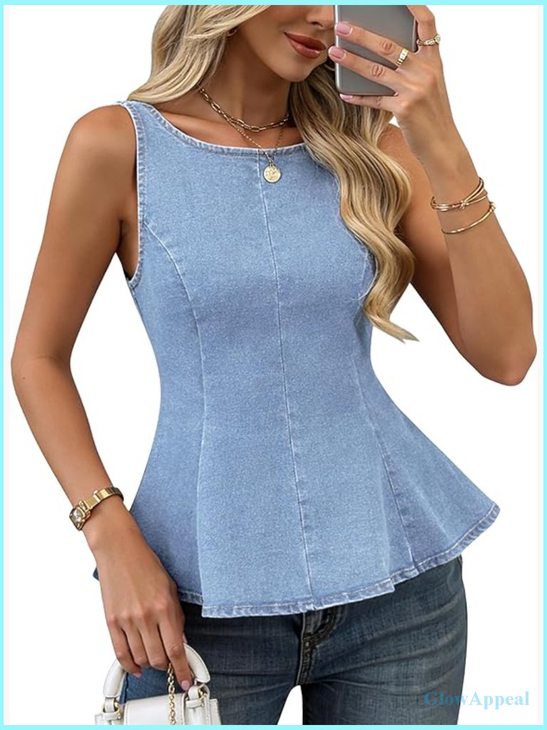 Sleeveless Denim Tank Top Peplum Ruffle Bow Back Corset Vest Western Summer
